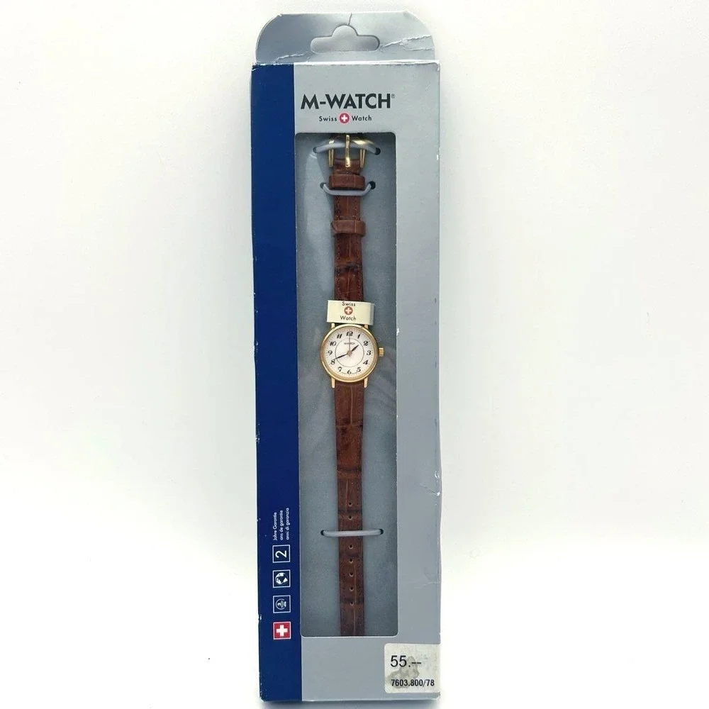 M-Watch Swiss Watch by Mondaine NOS Gold Tone Brown Leather Quartz Wristwatch